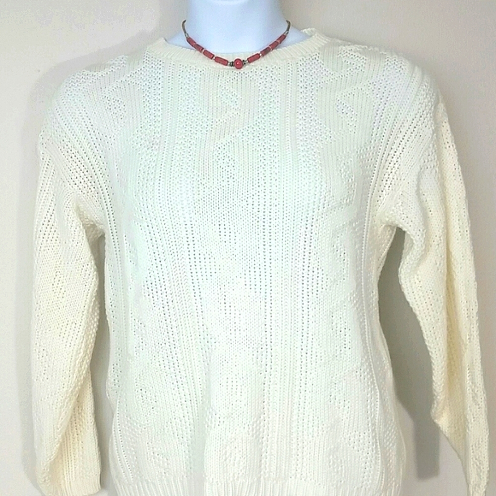 Bobbie Brooks Fisherman's Sweater Chunky cable knit ivory crew neck classic 1X